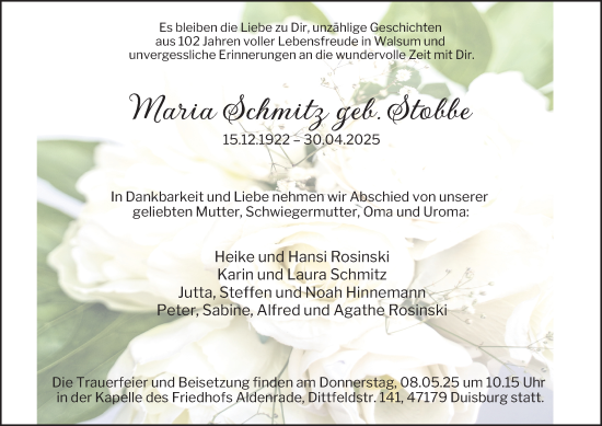 Traueranzeige von Maria Schmitz von Tageszeitung