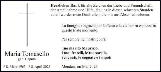 Traueranzeige von Maria Tomasello von Tageszeitung