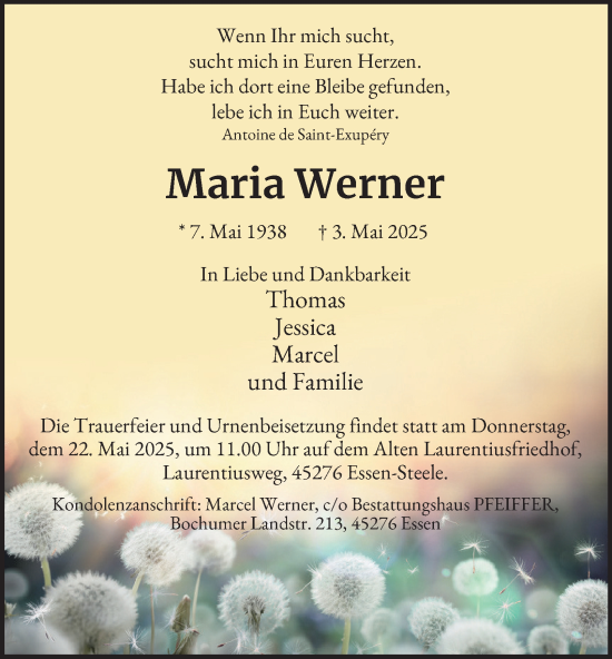 Traueranzeige von Maria Werner von Tageszeitung