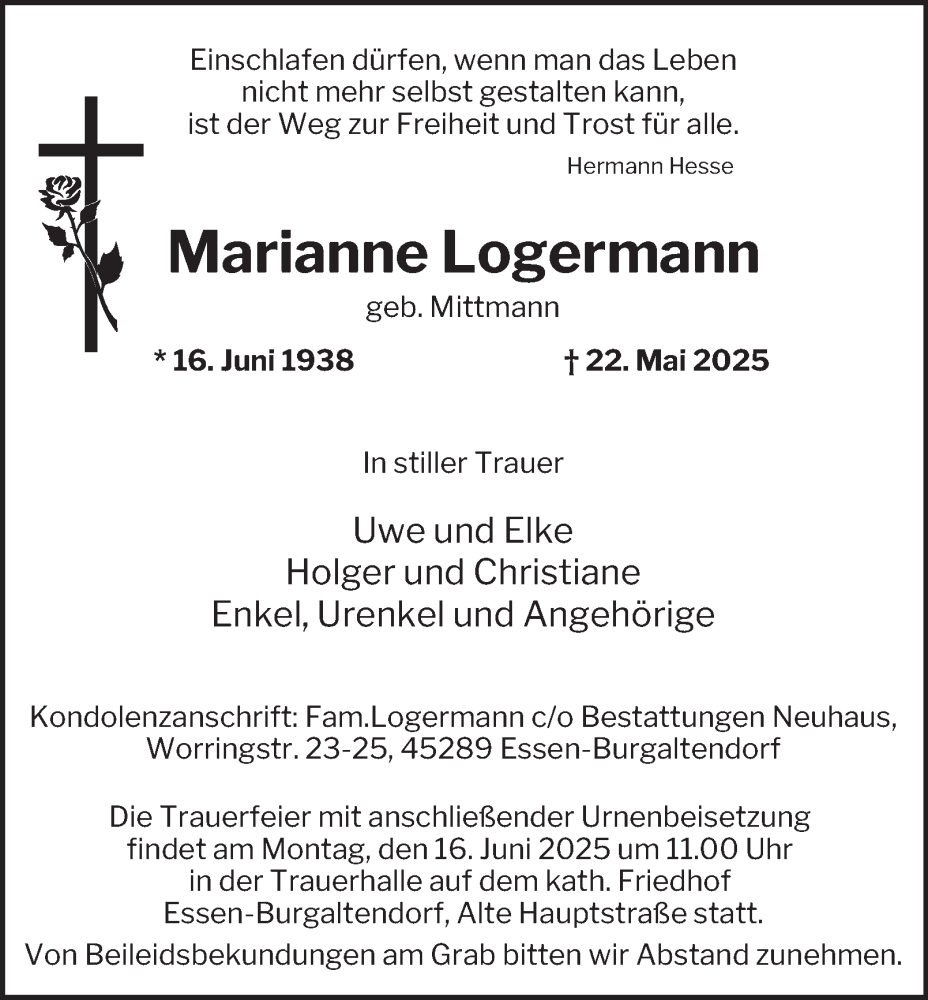  Traueranzeige für Marianne Logermann vom 31.05.2025 aus Tageszeitung