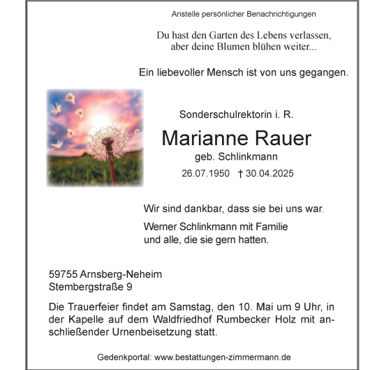 Traueranzeige von Marianne Rauer von Tageszeitung