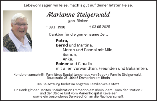 Traueranzeige von Marianne Steigerwald von Tageszeitung