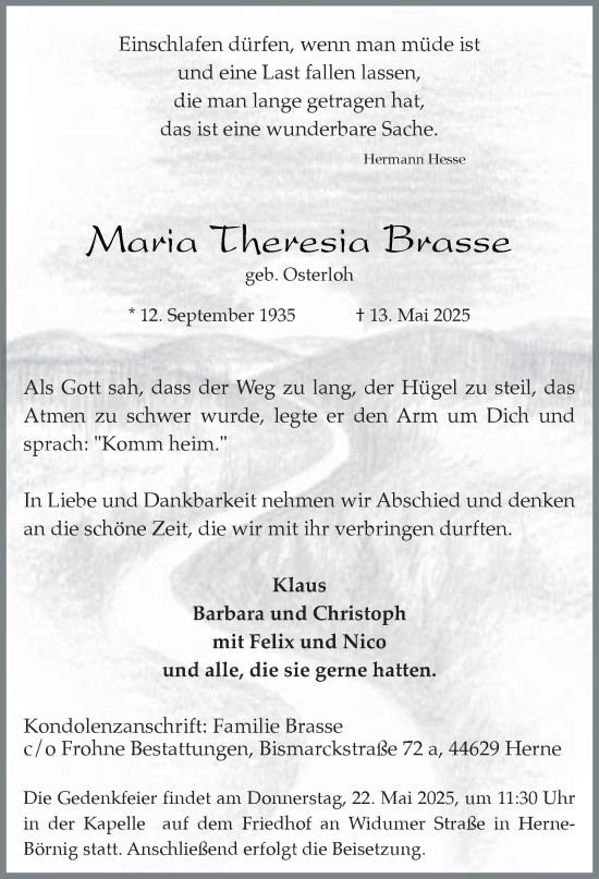 Traueranzeige von Maria Theresia Brasse von Tageszeitung
