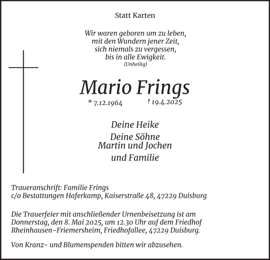 Traueranzeige von Mario Frings von Tageszeitung