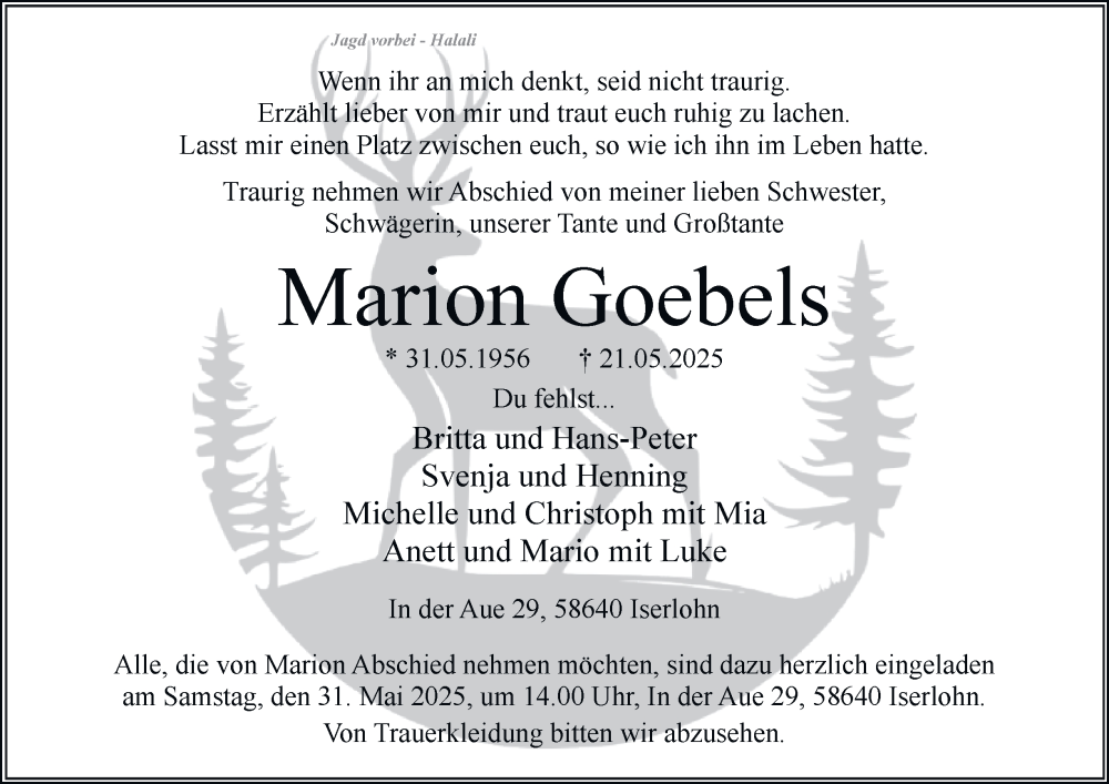  Traueranzeige für Marion Goebels vom 24.05.2025 aus Tageszeitung