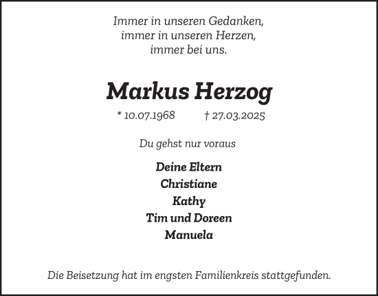 Traueranzeige von Markus Herzog von Tageszeitung