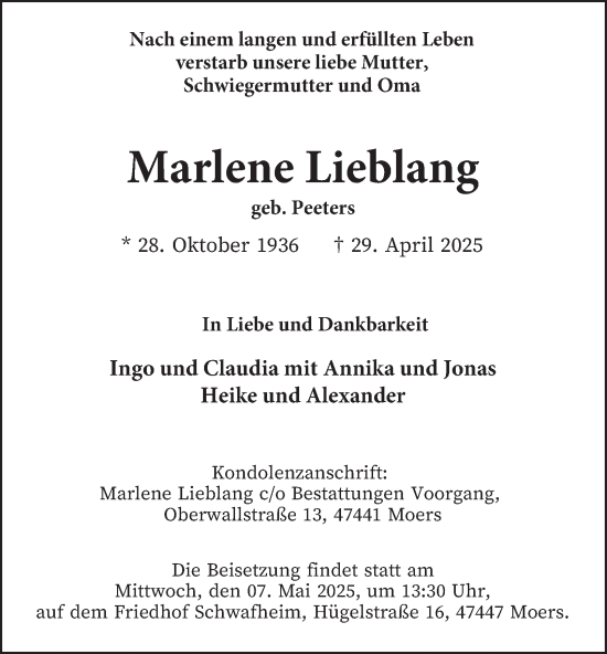 Traueranzeige von Marlene Lieblang von Tageszeitung