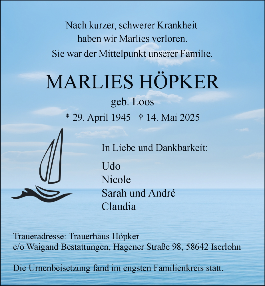  Traueranzeige für Marlies Höpker vom 24.05.2025 aus Tageszeitung