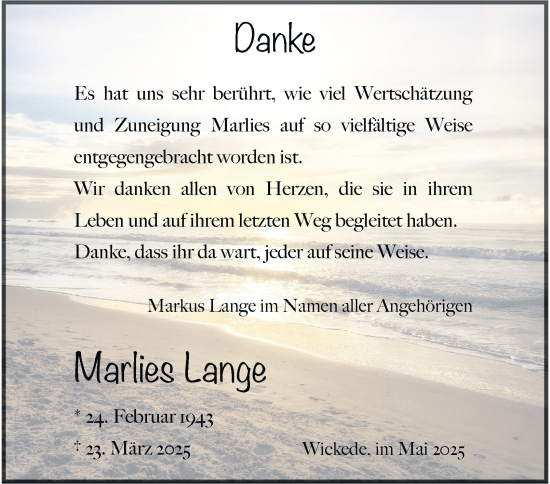 Traueranzeige von Marlies Lange von Tageszeitung