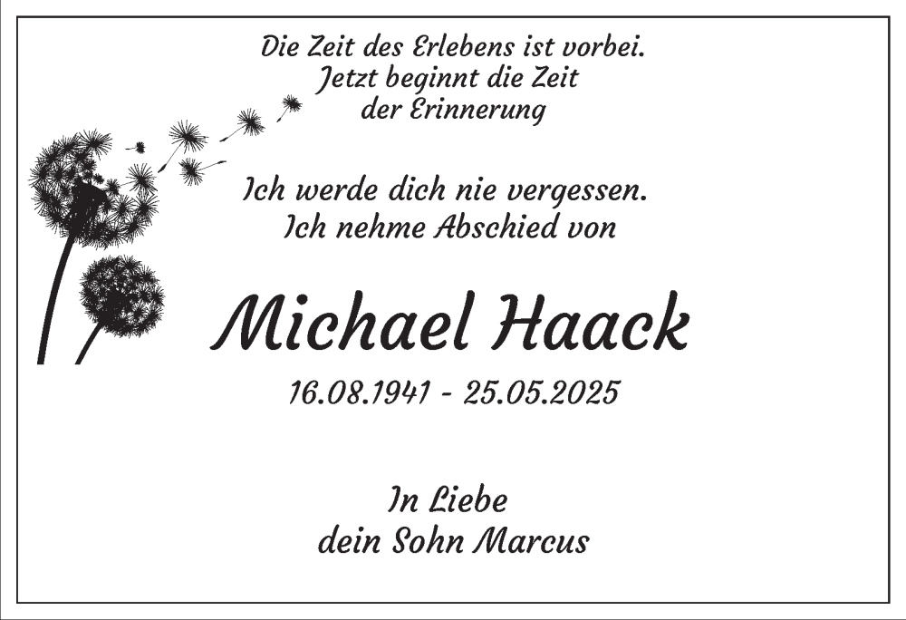  Traueranzeige für Michael Haack vom 31.05.2025 aus Tageszeitung