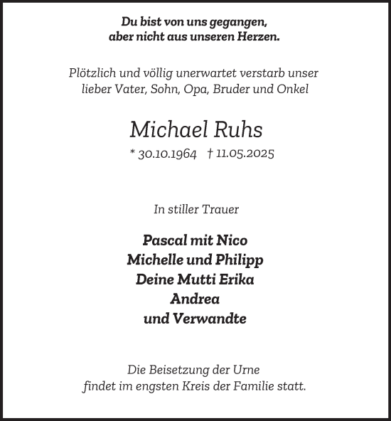 Traueranzeige von Michael Ruhs von Tageszeitung
