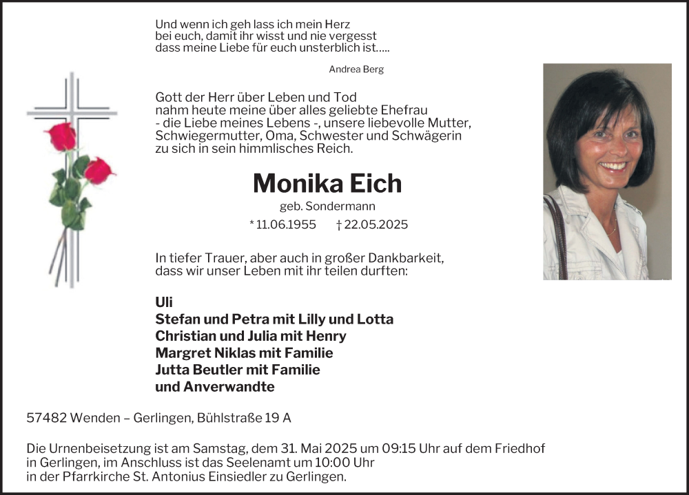  Traueranzeige für Monika Eich vom 28.05.2025 aus Tageszeitung