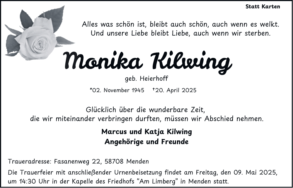  Traueranzeige für Monika Kilwing vom 03.05.2025 aus Tageszeitung