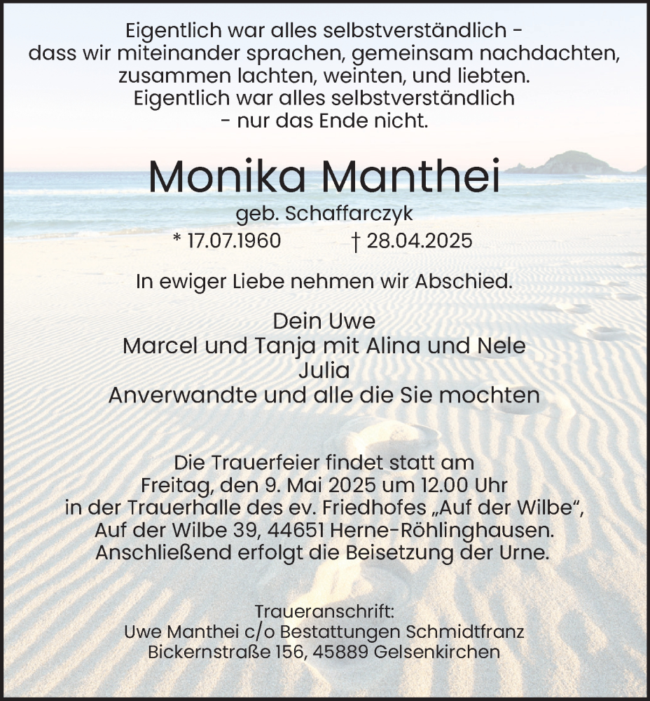  Traueranzeige für Monika Manthei vom 03.05.2025 aus Tageszeitung