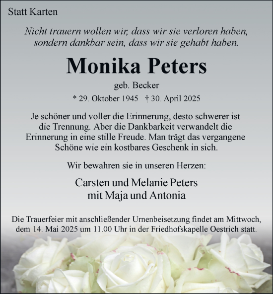Traueranzeige von Monika Peters von Tageszeitung