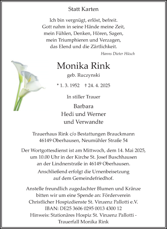 Traueranzeige von Monika Rink von Tageszeitung