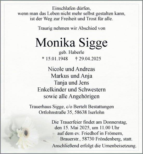 Traueranzeige von Monika Sigge von Tageszeitung