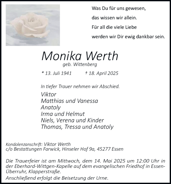 Traueranzeige von Monika Werth von Tageszeitung