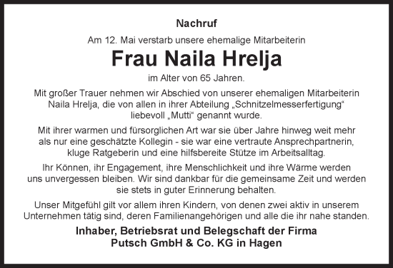 Traueranzeige von Naila Hrelja von Tageszeitung