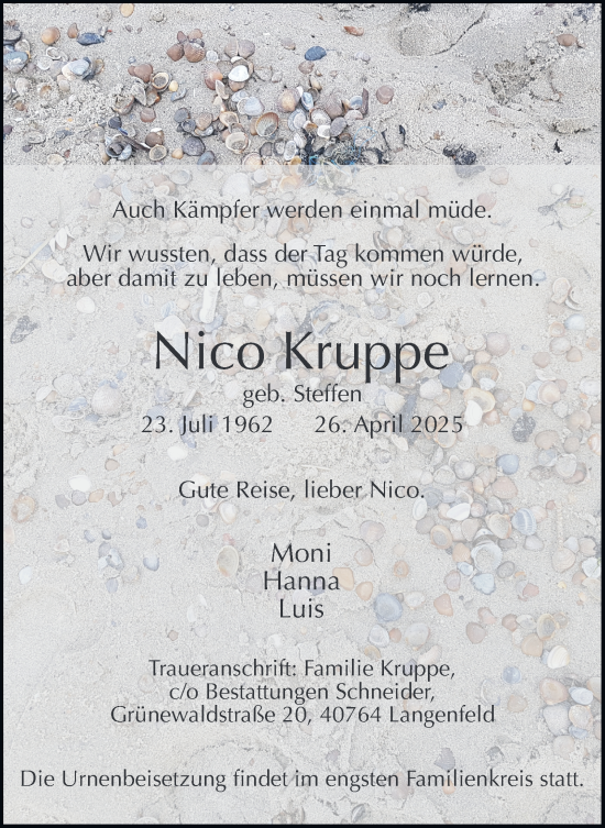 Traueranzeige von Nico Kruppe von Tageszeitung
