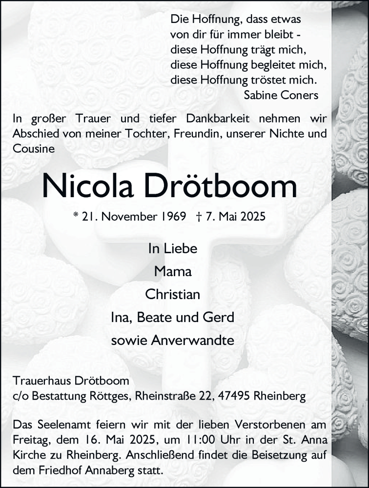  Traueranzeige für Nicola Drötboom vom 14.05.2025 aus Tageszeitung