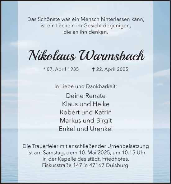 Traueranzeige von Nikolaus Warmsbach von Tageszeitung