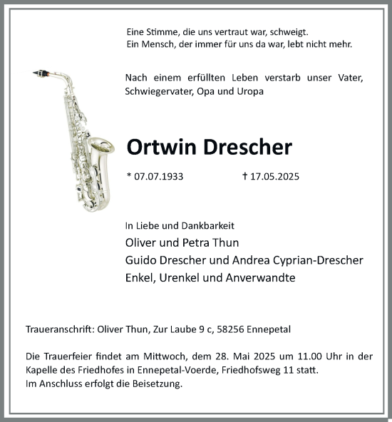 Traueranzeige von Ortwin Drescher von Tageszeitung