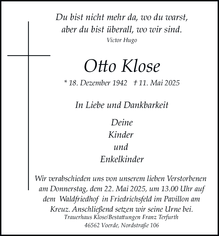  Traueranzeige für Otto Klose vom 17.05.2025 aus Tageszeitung
