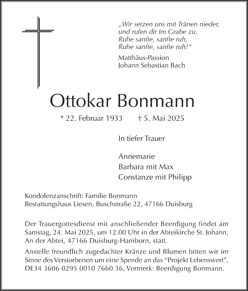  Traueranzeige für Ottokar Bonmann vom 21.05.2025 aus Tageszeitung