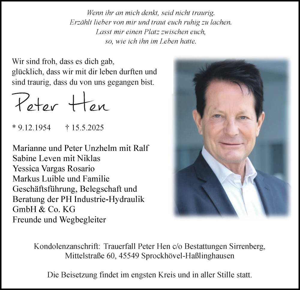  Traueranzeige für Peter Hen vom 24.05.2025 aus Tageszeitung