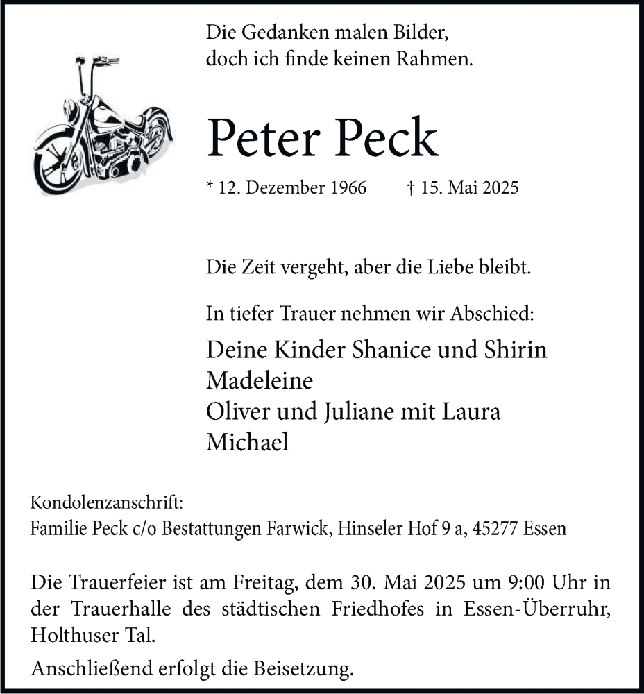  Traueranzeige für Peter Peck vom 24.05.2025 aus Tageszeitung