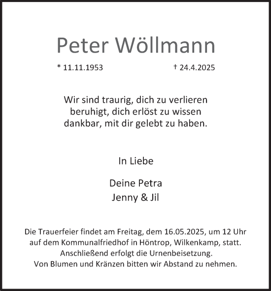 Traueranzeige von Peter Wöllmann von Tageszeitung