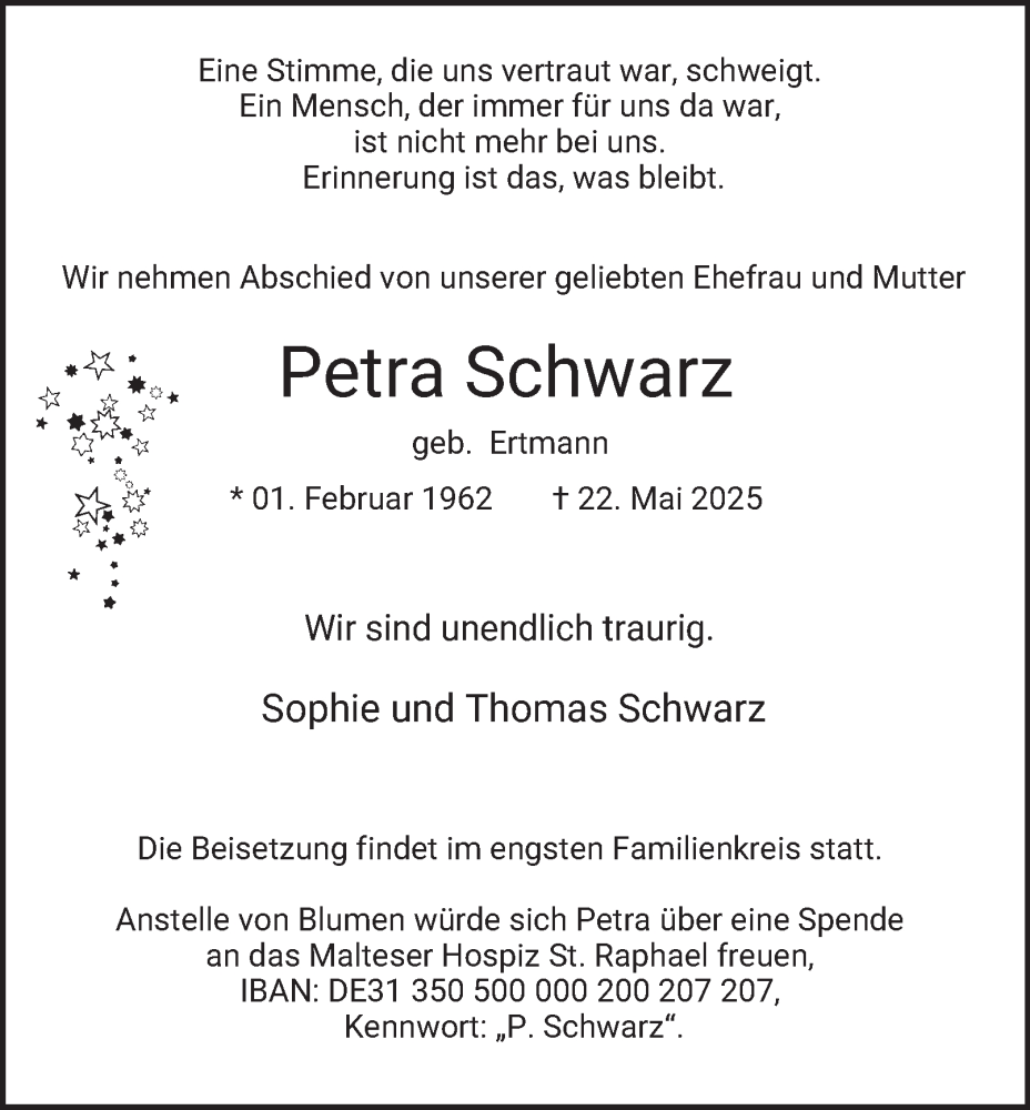  Traueranzeige für Petra Schwarz vom 31.05.2025 aus Tageszeitung