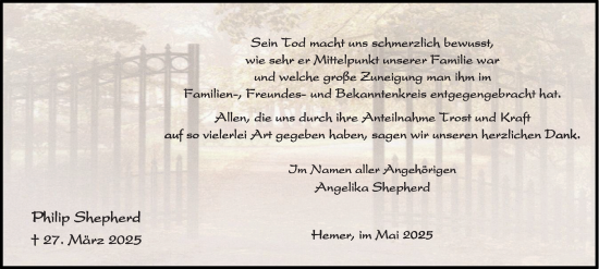 Traueranzeige von Philip Shepherd von Tageszeitung
