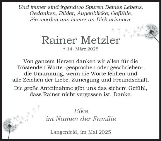 Traueranzeige von Rainer Metzler von Tageszeitung