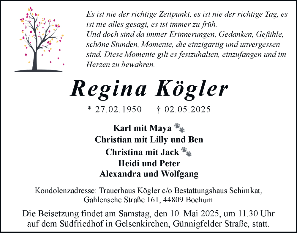  Traueranzeige für Regina Kögler vom 07.05.2025 aus Tageszeitung