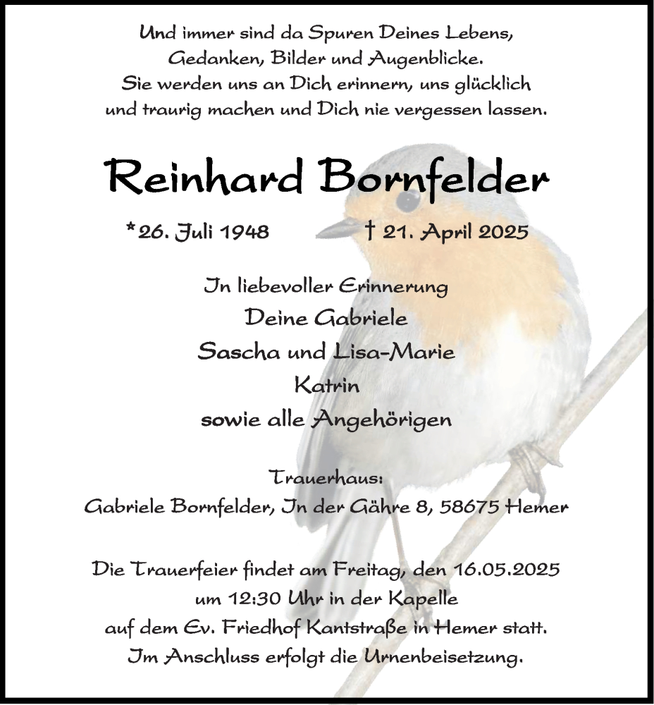  Traueranzeige für Reinhard Bornfelder vom 10.05.2025 aus Tageszeitung