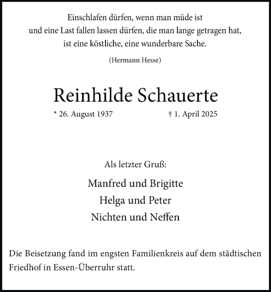 Traueranzeige von Reinhilde Schauerte von Tageszeitung