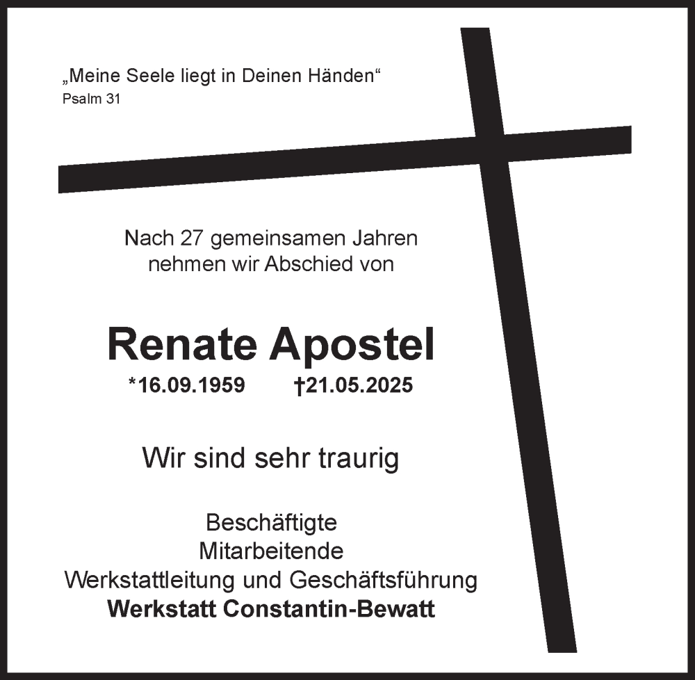  Traueranzeige für Renate Apostel vom 31.05.2025 aus Tageszeitung