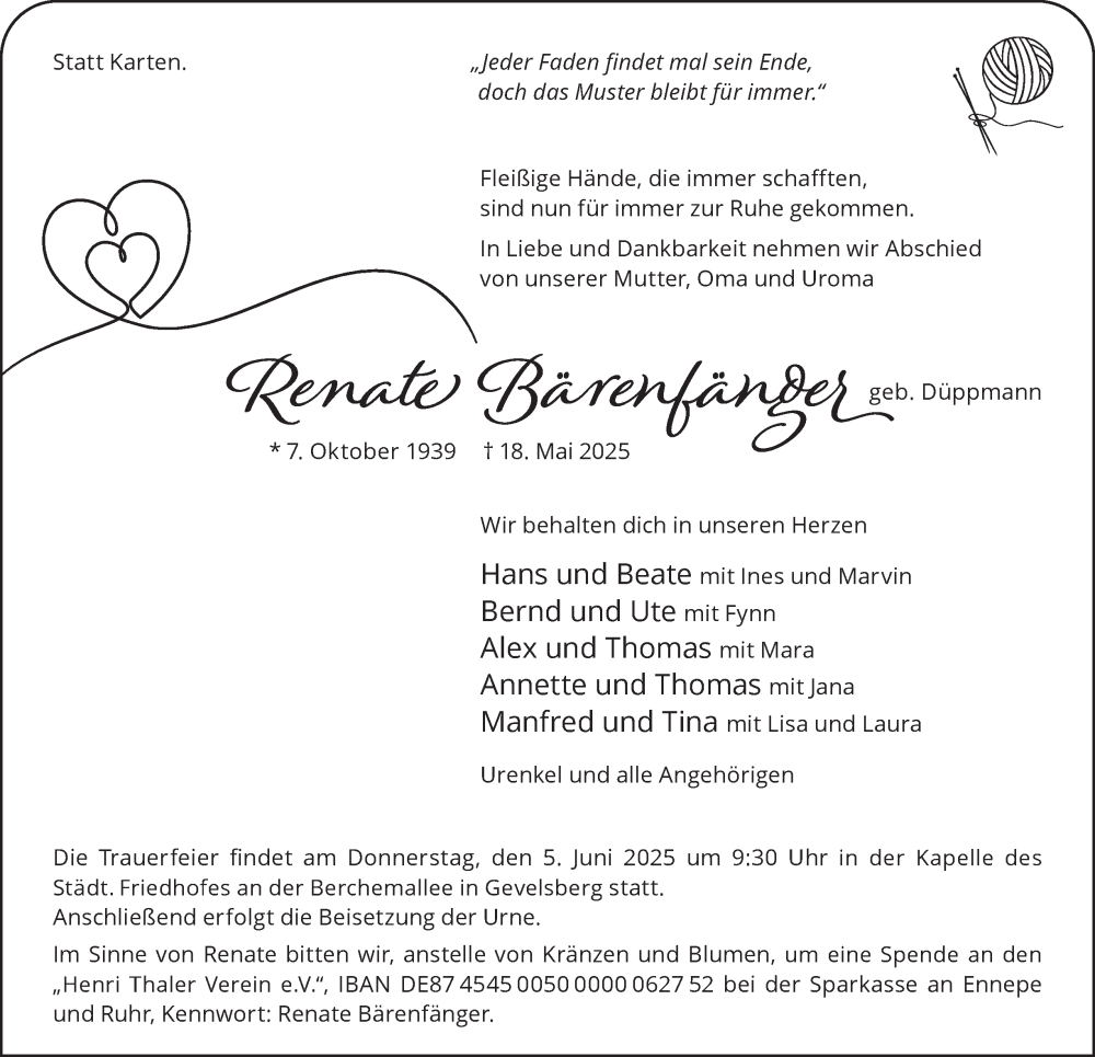  Traueranzeige für Renate Bärenfänger vom 31.05.2025 aus Tageszeitung