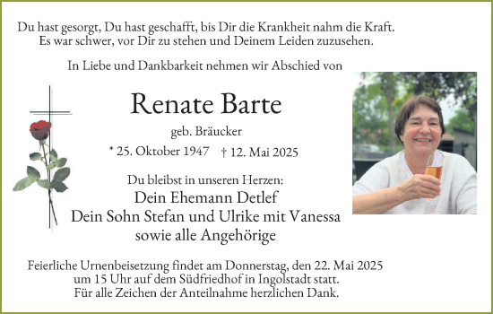 Traueranzeige von Renate Barte von Tageszeitung