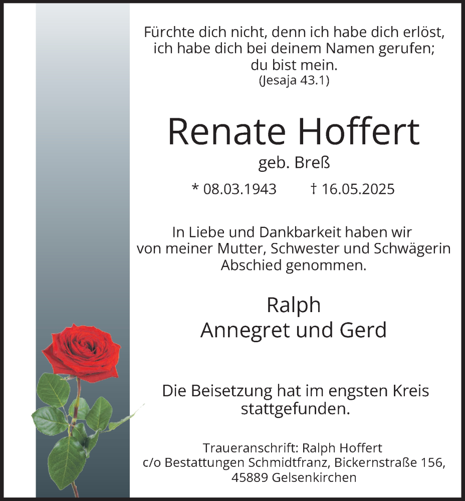  Traueranzeige für Renate Hoffert vom 31.05.2025 aus Tageszeitung