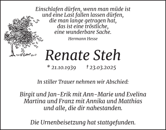 Traueranzeige von Renate Steh von Tageszeitung