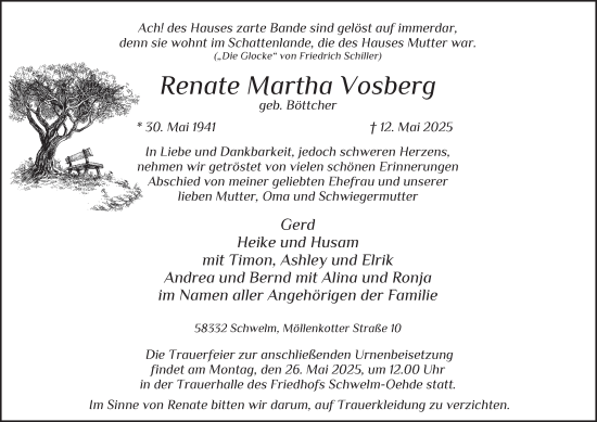 Traueranzeige von Renate Martha Vosberg von Tageszeitung