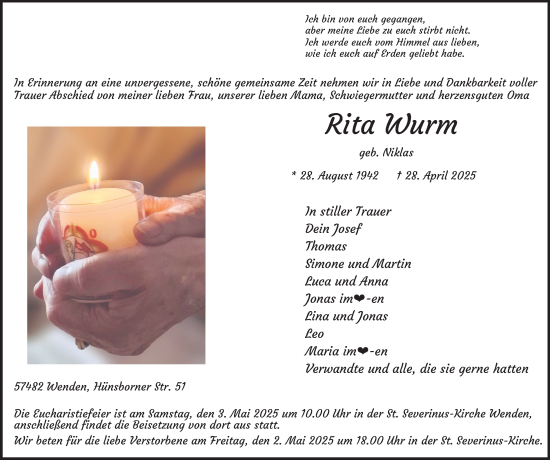 Traueranzeige von Rita Wurm von Tageszeitung
