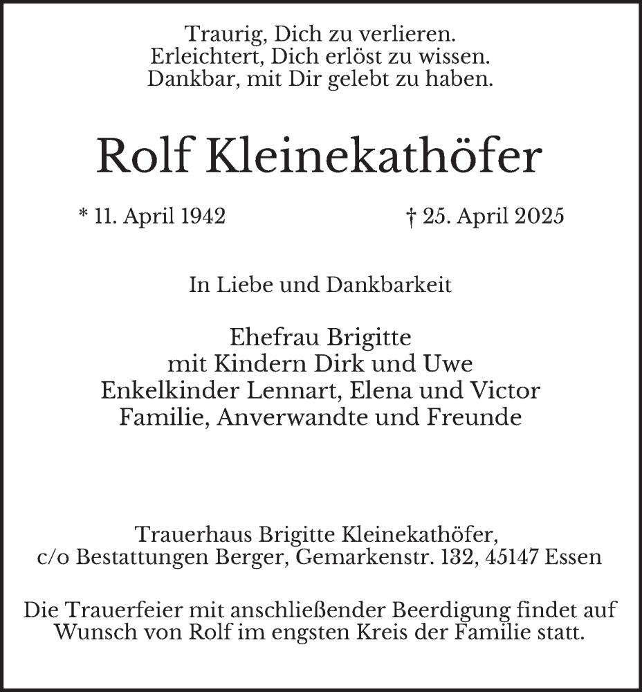  Traueranzeige für Rolf Kleinekathöfer vom 17.05.2025 aus Tageszeitung