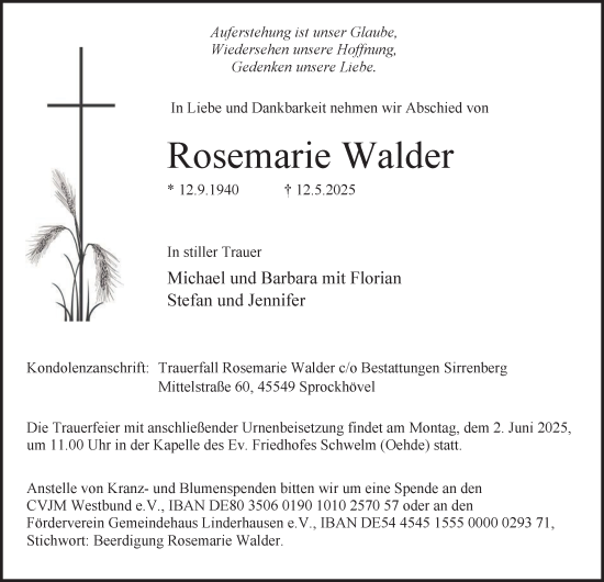 Traueranzeige von Rosemarie Walder von Tageszeitung