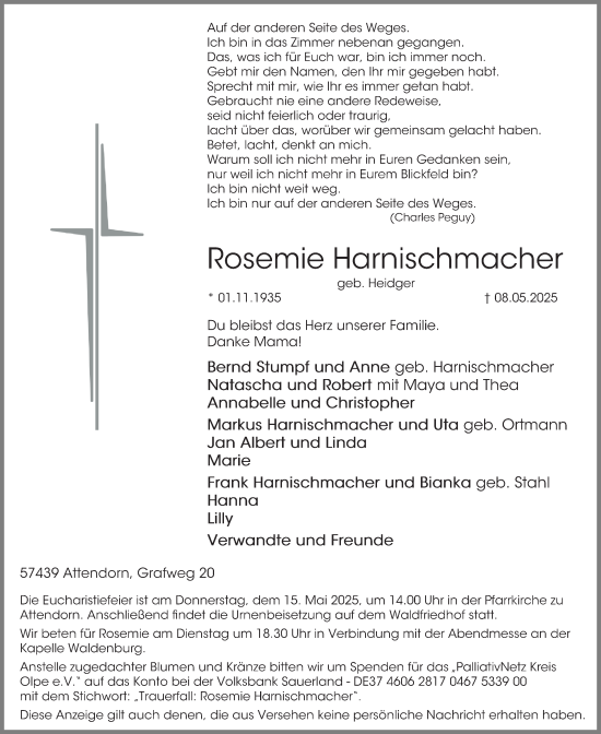 Traueranzeige von Rosemie Harnischmacher von Tageszeitung