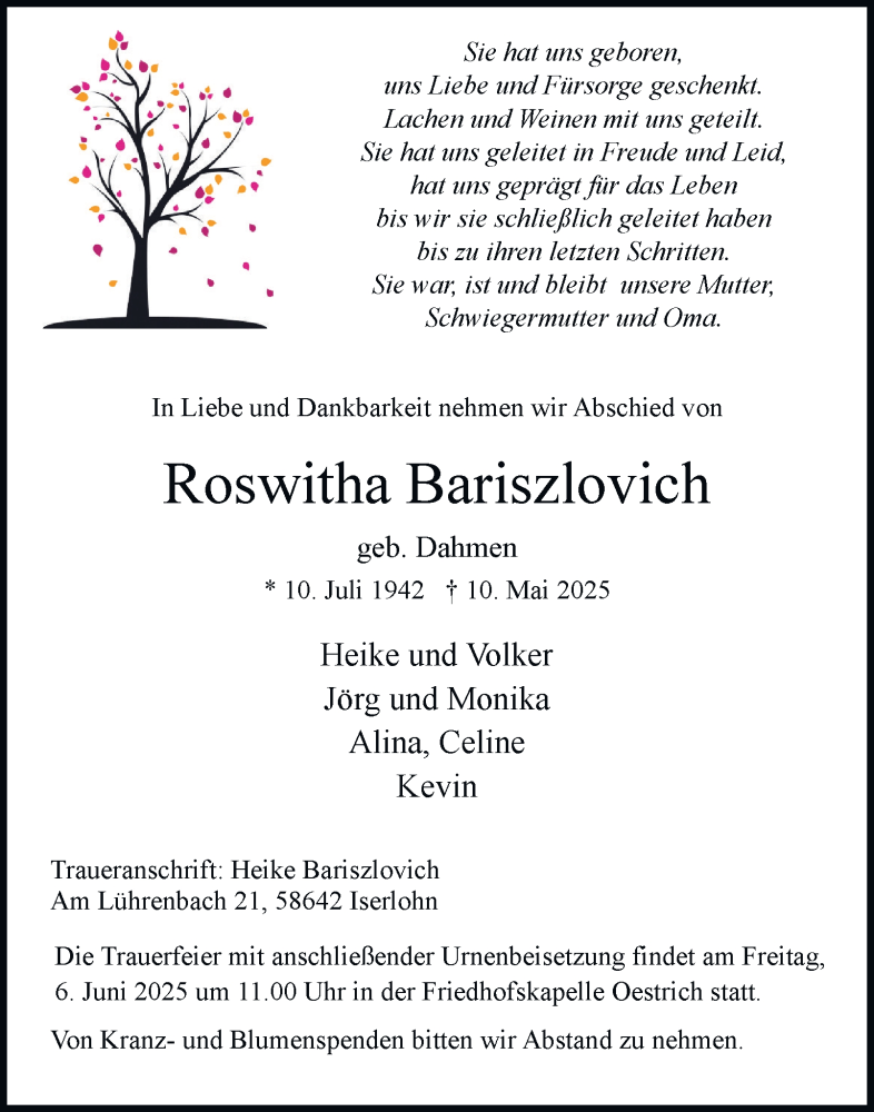  Traueranzeige für Roswitha Bariszlovich vom 31.05.2025 aus Tageszeitung