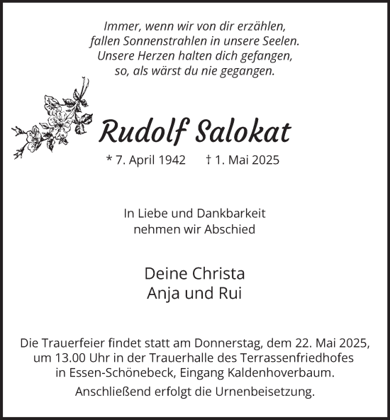 Traueranzeige von Rudolf Salokat von Tageszeitung